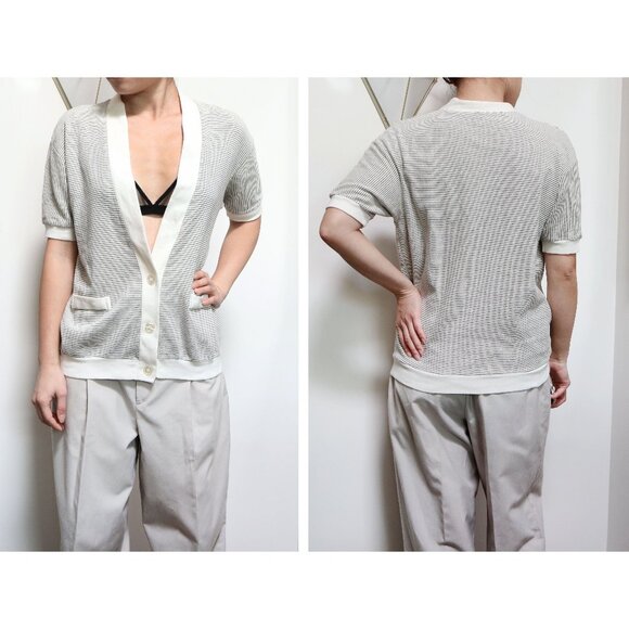 Vintage 80s Cream & Black Striped Short Sleeve Cardigan, Pinstripe Sweater - Picture 1 of 8
